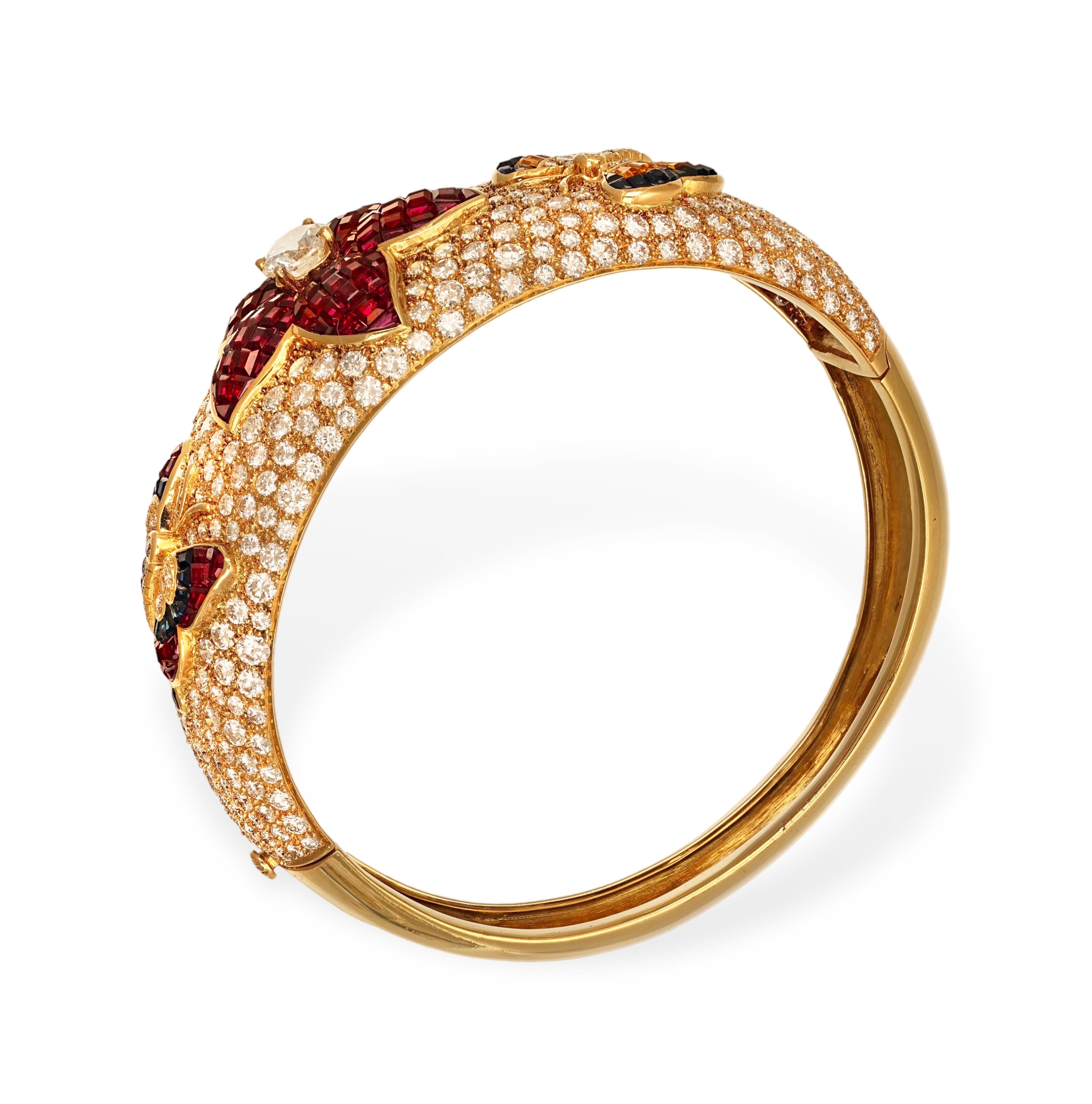 18 kt. Yellow Gold Wide Bangle Bracelet With Diamonds, Rubies, Sapphires For Sale 4