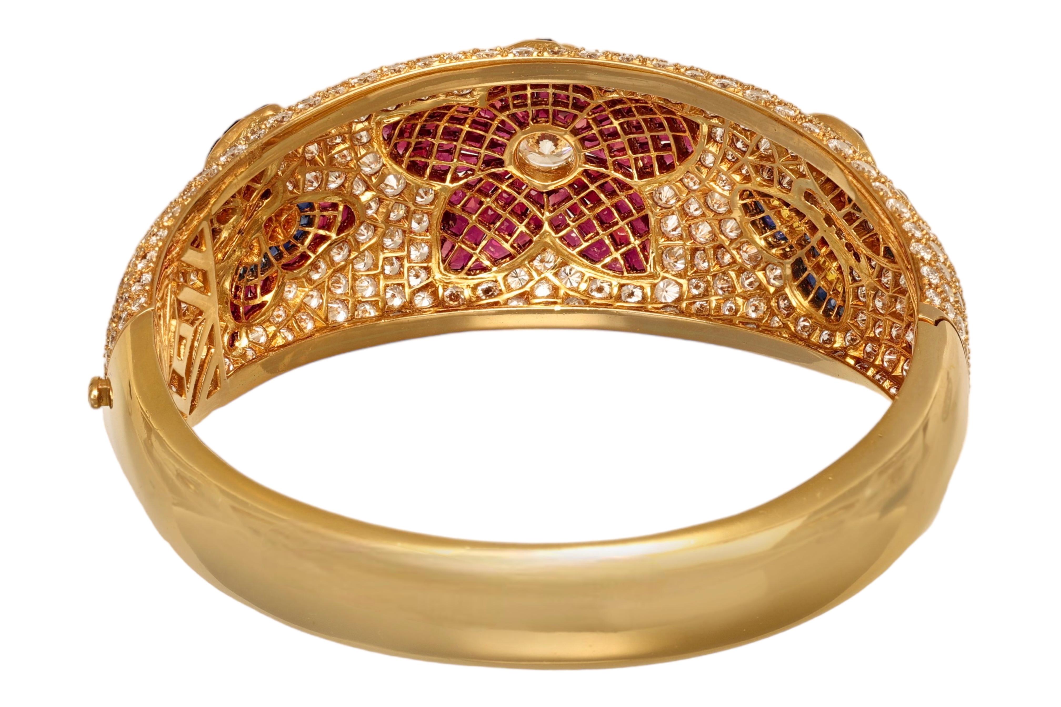 18 kt. Yellow Gold Wide Bangle Bracelet With Diamonds, Rubies, Sapphires For Sale 5