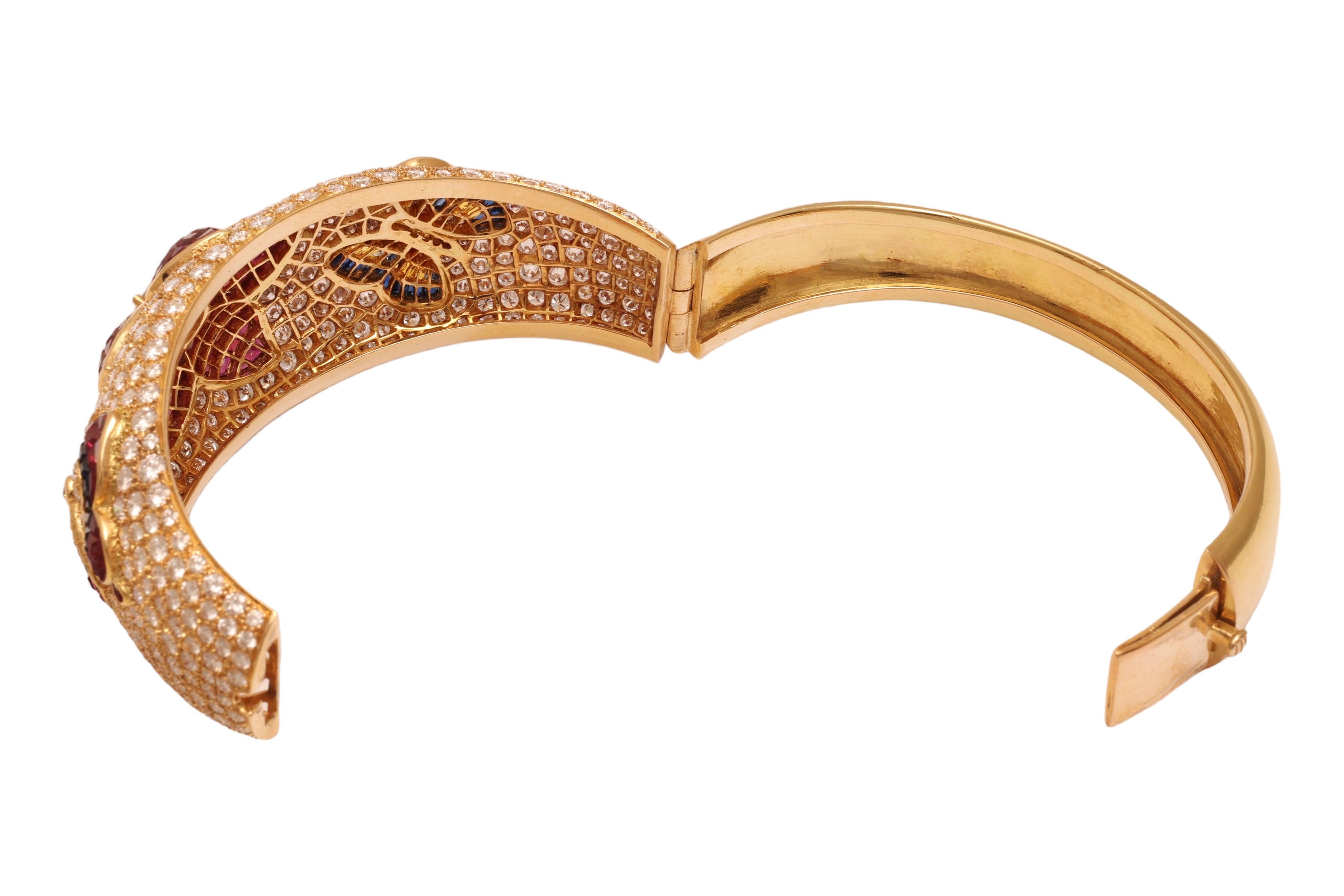 18 kt. Yellow Gold Wide Bangle Bracelet With Diamonds, Rubies, Sapphires For Sale 6