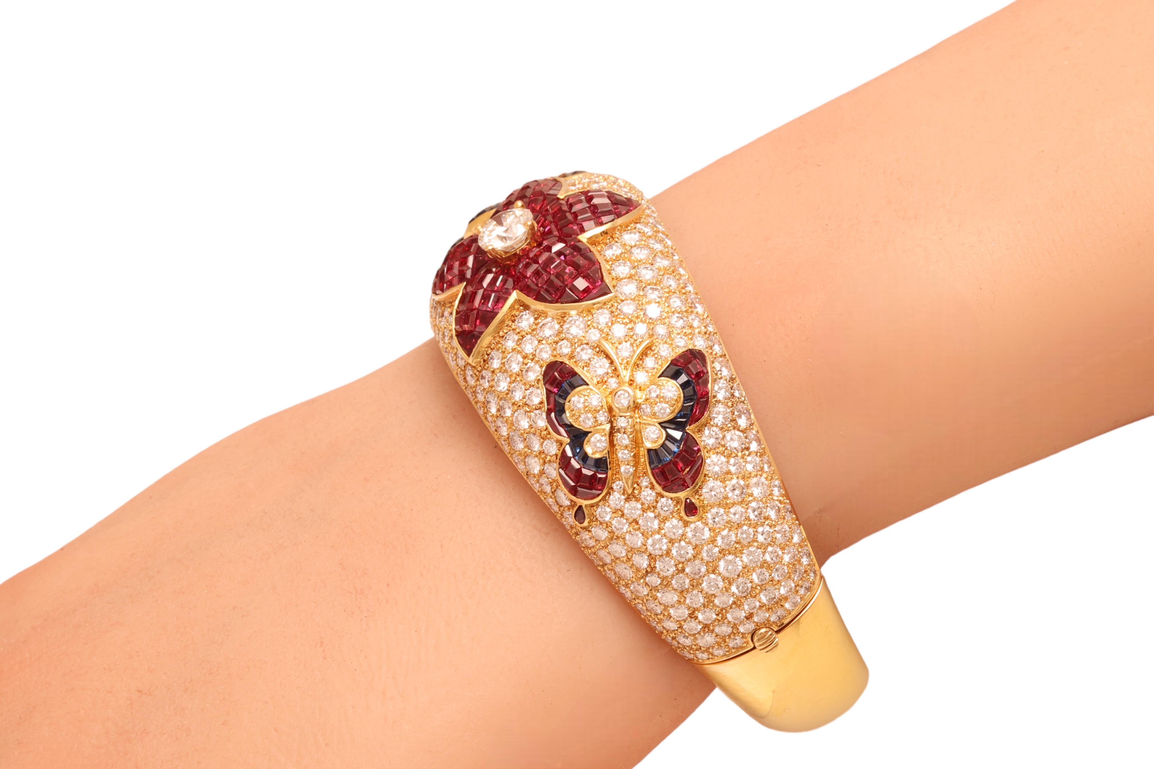 18 kt. Yellow Gold Wide Bangle Bracelet With Diamonds, Rubies, Sapphires For Sale 8