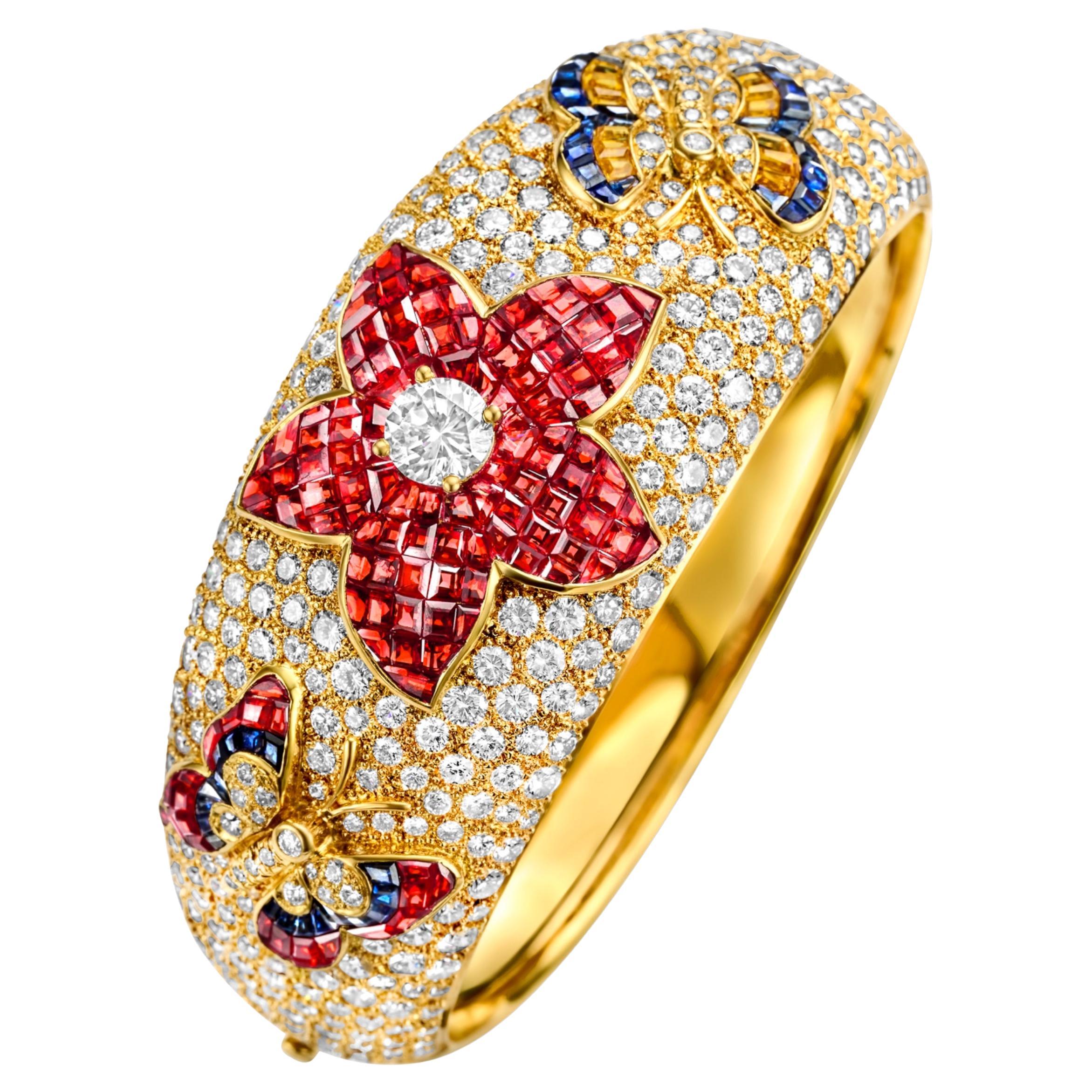 18 kt. Yellow Gold Wide Bangle Bracelet With Diamonds, Rubies, Sapphires For Sale