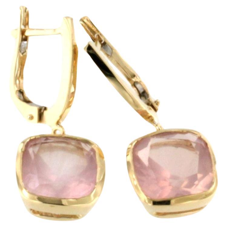 18 Kt Yellow Gold With Pink Quartz Modern Made in Italy Fashion Earrings For Sale