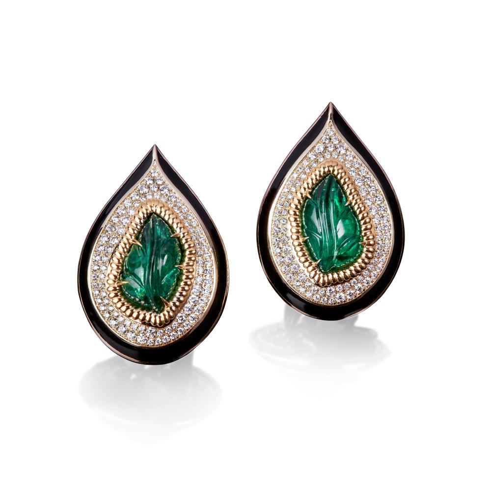 Contemporary 18 Kt Yellow Gold, Zambian Emerald, Enamel and Diamond Earrings