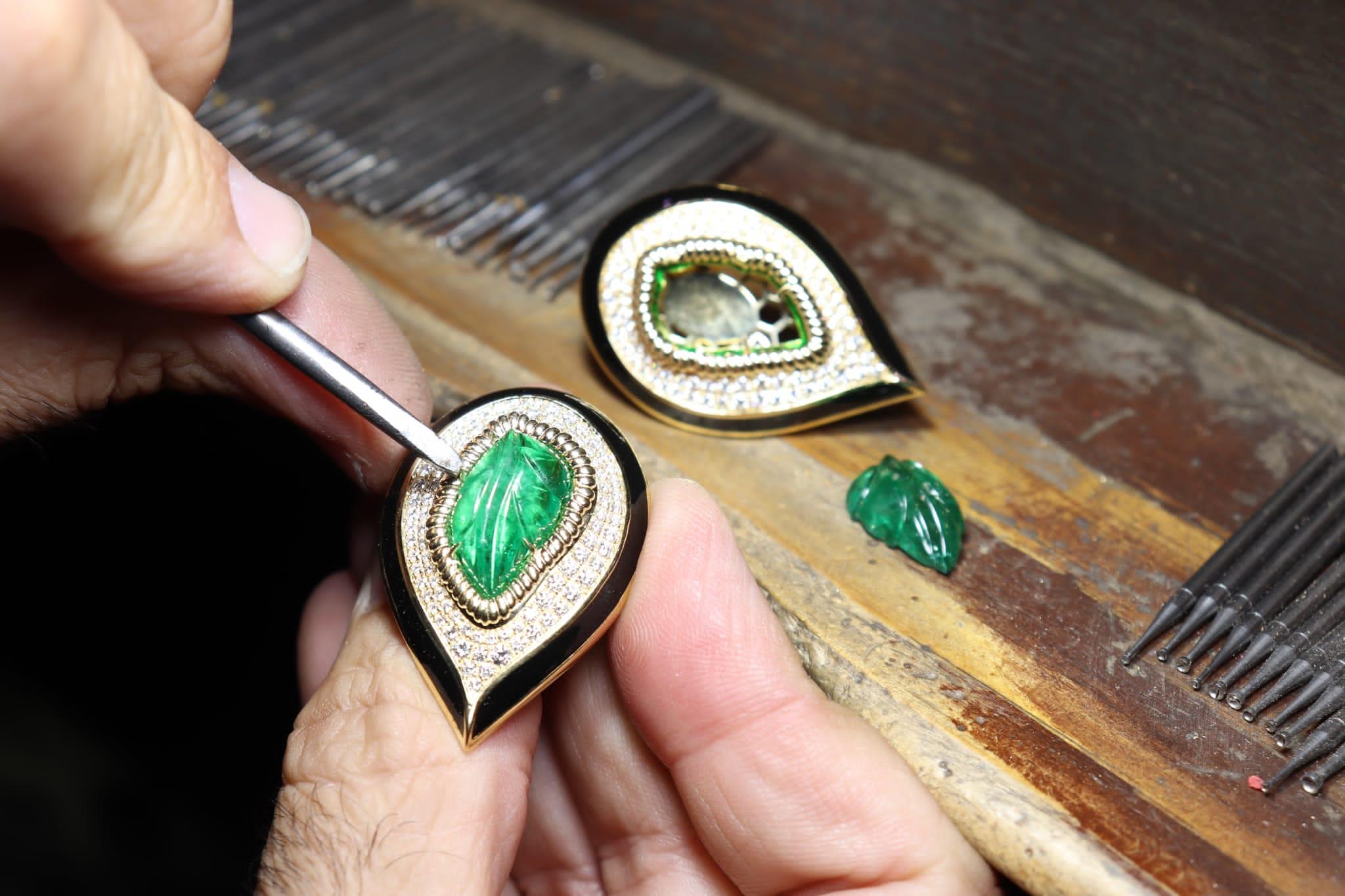 Brilliant Cut 18 Kt Yellow Gold, Zambian Emerald, Enamel and Diamond Earrings