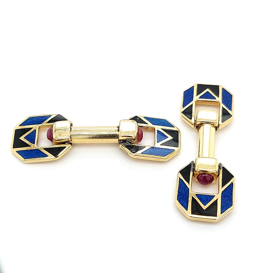 Artisan 18kt Yellow Gold Blue and Black Enamel Cufflinks with Ruby Cabochon Stones For Sale