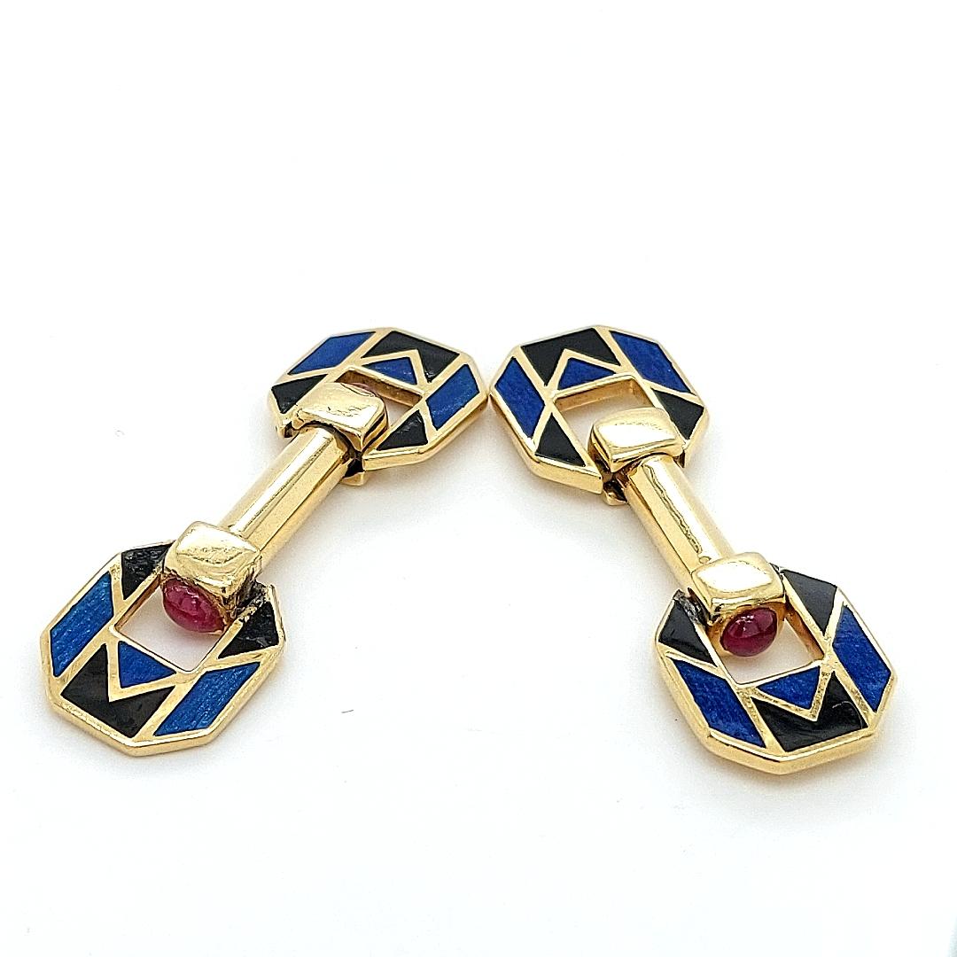 Women's or Men's 18kt Yellow Gold Blue and Black Enamel Cufflinks with Ruby Cabochon Stones For Sale