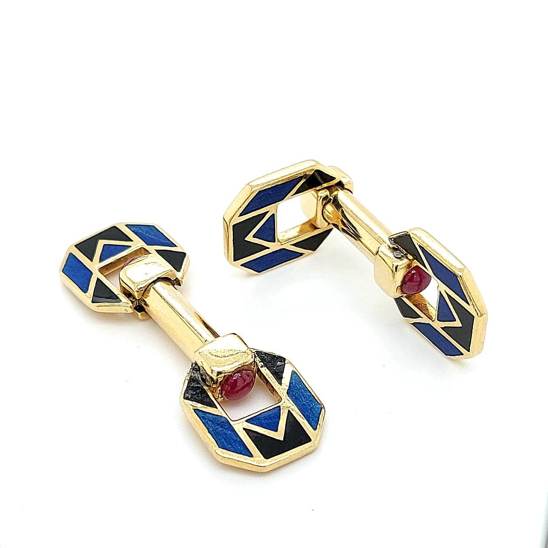18kt Yellow Gold Blue and Black Enamel Cufflinks with Ruby Cabochon Stones For Sale 1