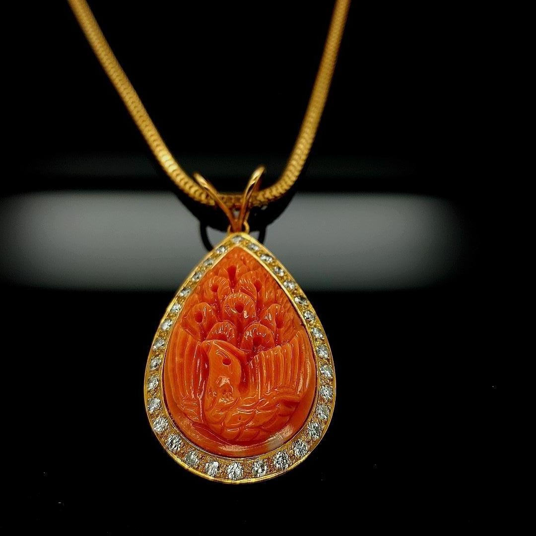 18 Karat Golden Necklace with Carved Coral Pendant and 0.70 Carat Diamonds For Sale 5