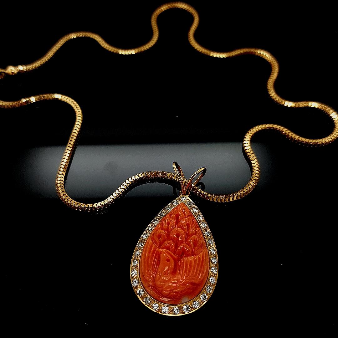 18 Karat Golden Necklace with Carved Coral Pendant and 0.70 Carat Diamonds For Sale 6