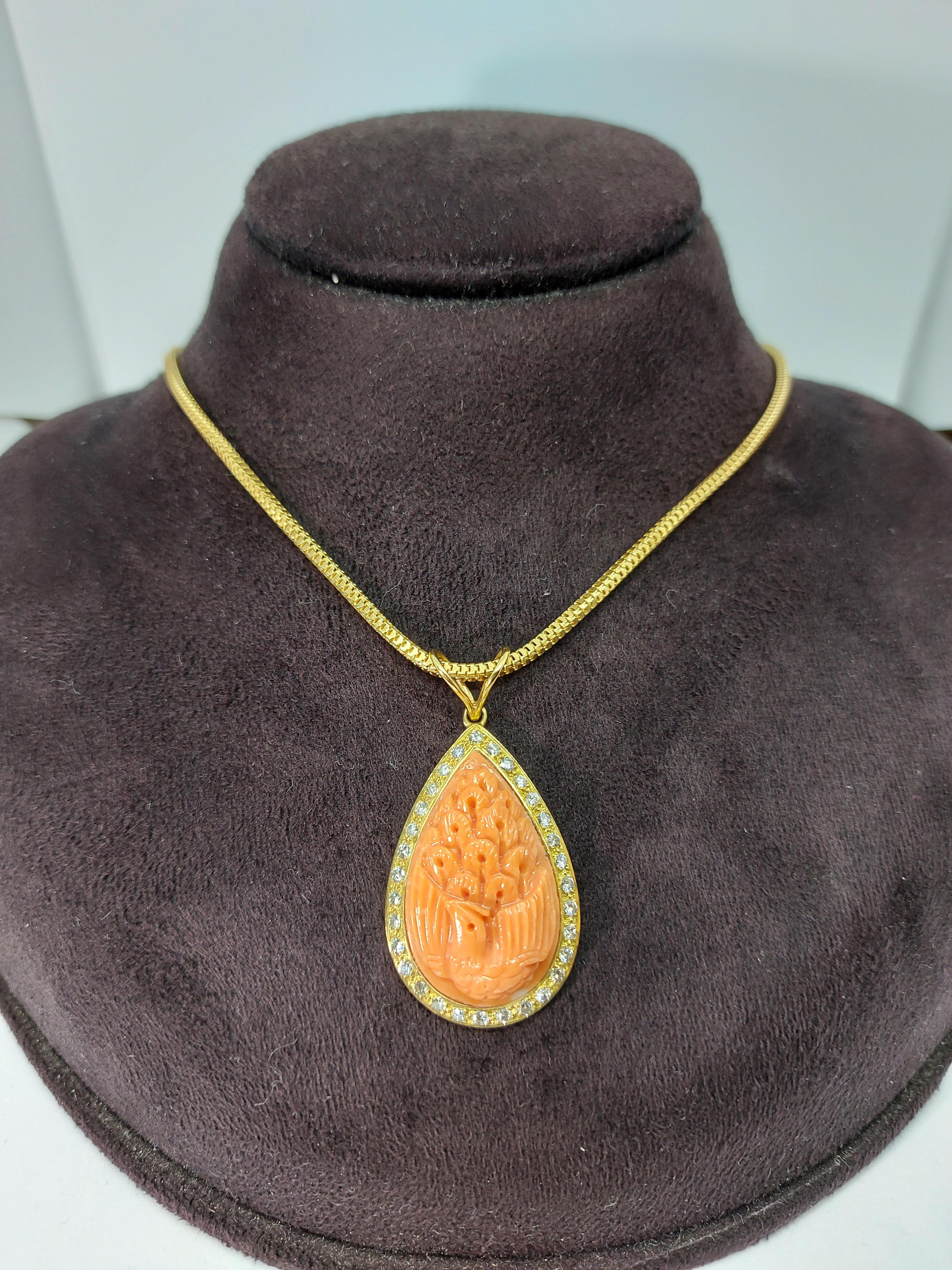 18 Karat Golden Necklace with Carved Coral Pendant and 0.70 Carat Diamonds For Sale 9