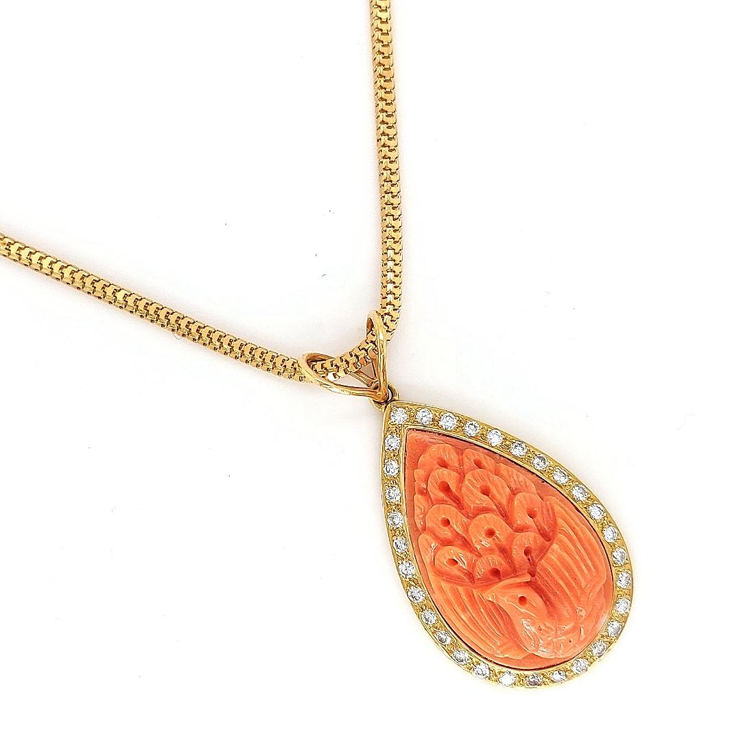 Artisan 18 Karat Golden Necklace with Carved Coral Pendant and 0.70 Carat Diamonds For Sale