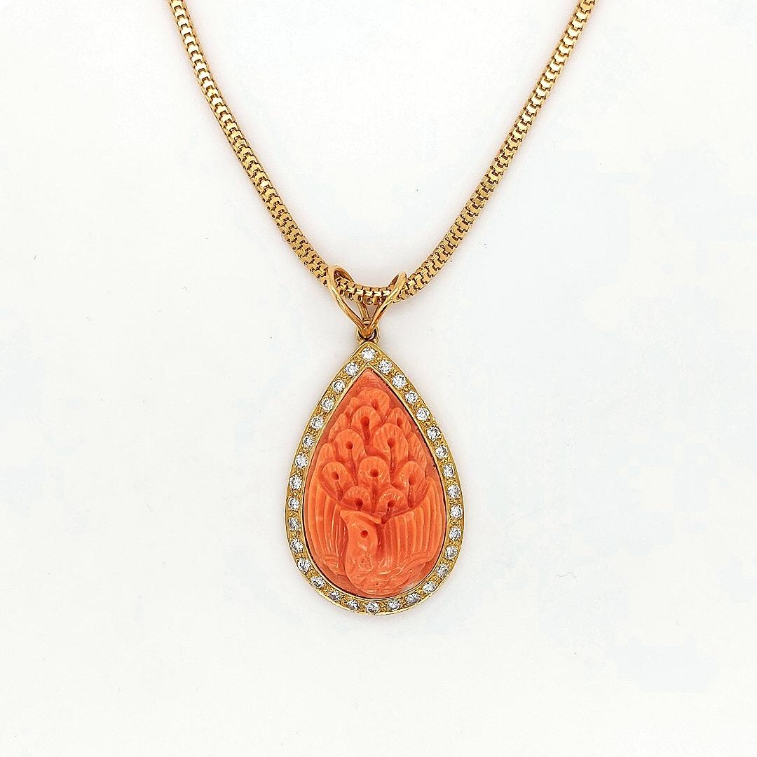 Brilliant Cut 18 Karat Golden Necklace with Carved Coral Pendant and 0.70 Carat Diamonds For Sale