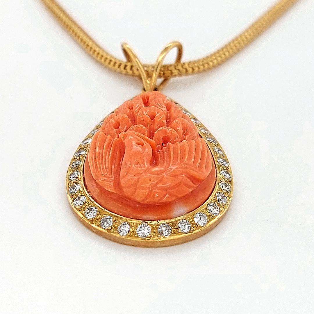 Women's or Men's 18 Karat Golden Necklace with Carved Coral Pendant and 0.70 Carat Diamonds For Sale
