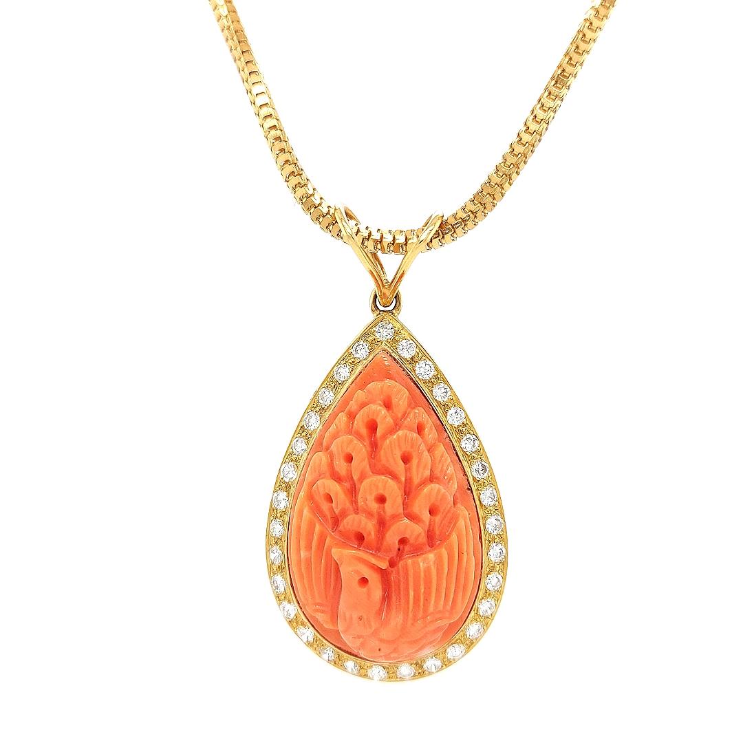 18 Karat Golden Necklace with Carved Coral Pendant and 0.70 Carat Diamonds For Sale 1
