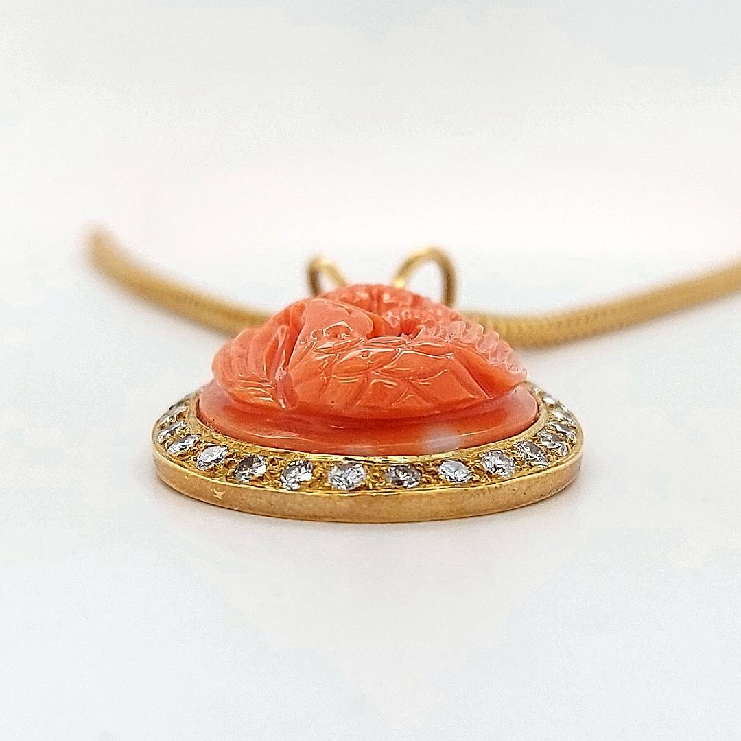 18 Karat Golden Necklace with Carved Coral Pendant and 0.70 Carat Diamonds For Sale 2