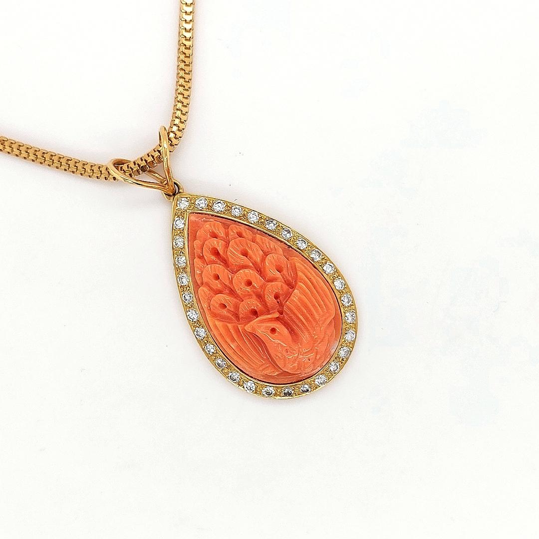 18 Karat Golden Necklace with Carved Coral Pendant and 0.70 Carat Diamonds For Sale 3