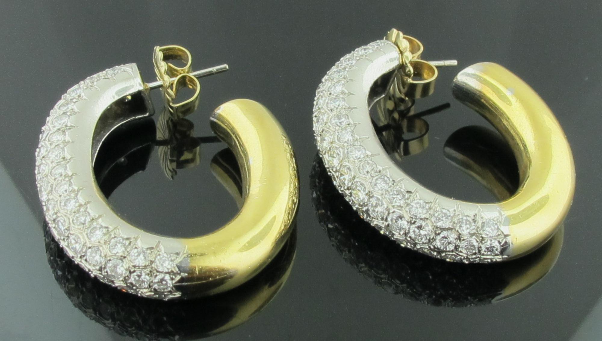 Round Cut 18 Karat Yellow and White Gold Pave Diamond Hoop Earrings with 10.00 Carat