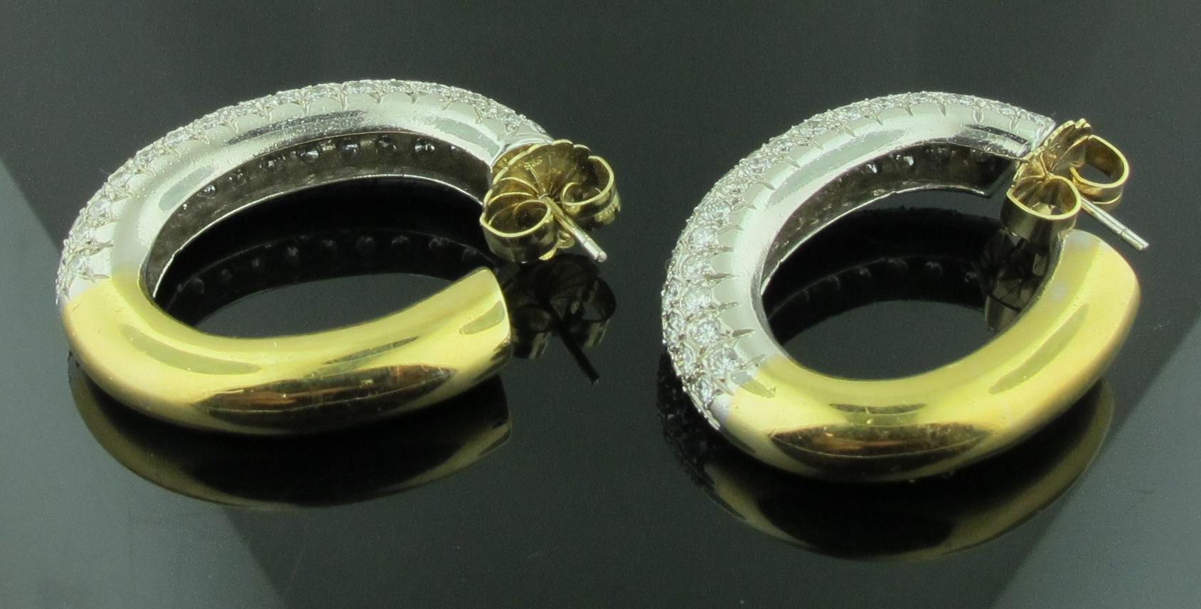 18 Karat Yellow and White Gold Pave Diamond Hoop Earrings with 10.00 Carat In Excellent Condition In Palm Desert, CA