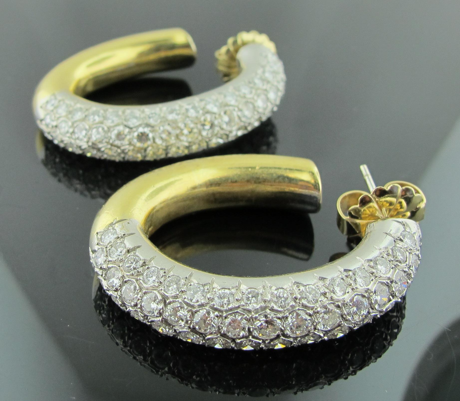 Women's or Men's 18 Karat Yellow and White Gold Pave Diamond Hoop Earrings with 10.00 Carat