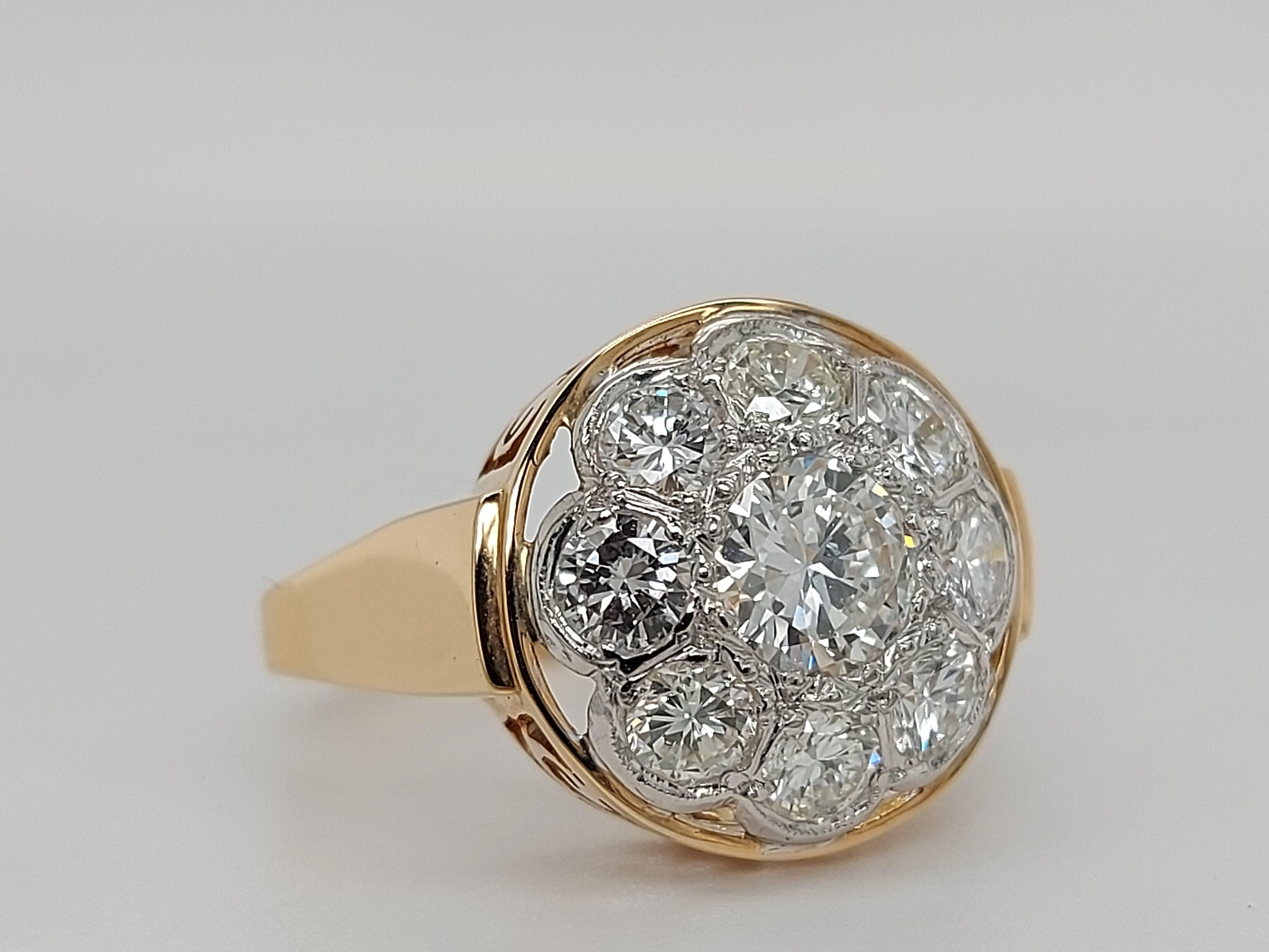 Women's or Men's 18 Karat Yellow / White Gold Vintage Ring with 2.35 Carat Brilliant Cut Diamonds For Sale