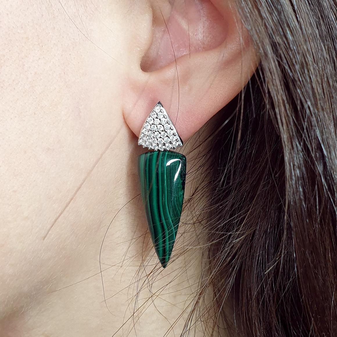 Modern 18 Kt Yellow White Gold with Mother of Pearl Malachite White Diamonds Earrings For Sale