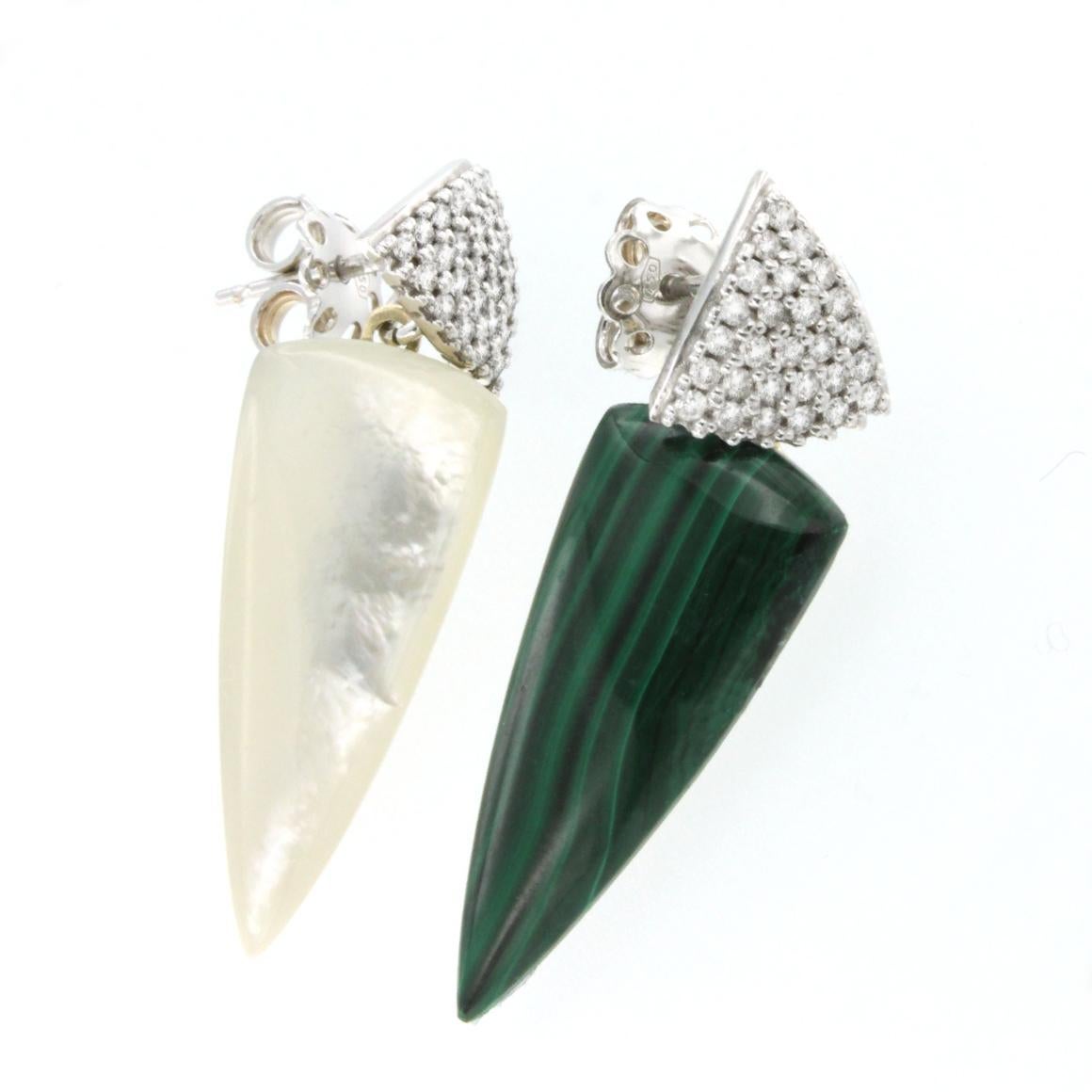 Antique Cushion Cut 18 Kt Yellow White Gold with Mother of Pearl Malachite White Diamonds Earrings For Sale