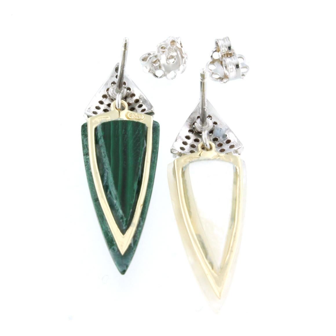 18 Kt Yellow White Gold with Mother of Pearl Malachite White Diamonds Earrings In New Condition For Sale In GALLARATE, IT