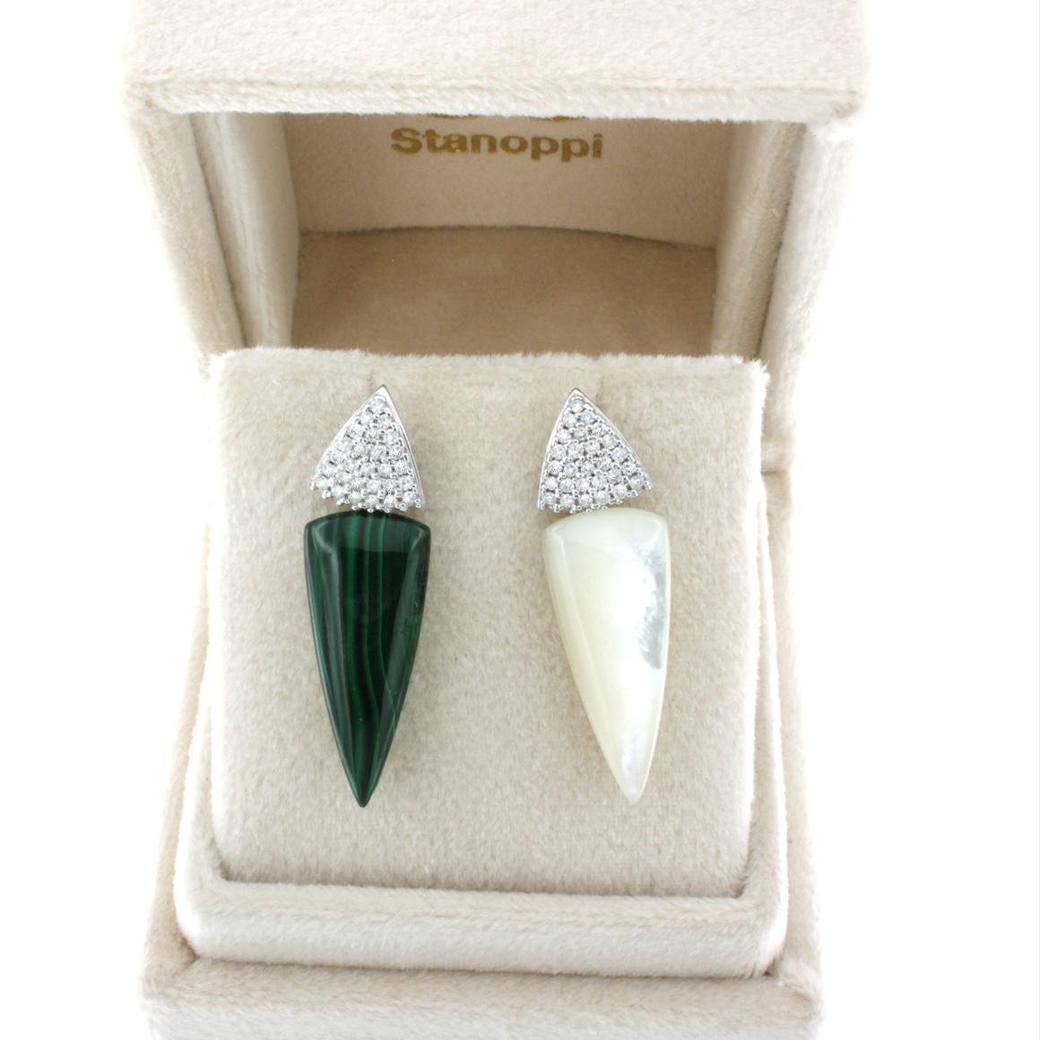 Women's or Men's 18 Kt Yellow White Gold with Mother of Pearl Malachite White Diamonds Earrings For Sale