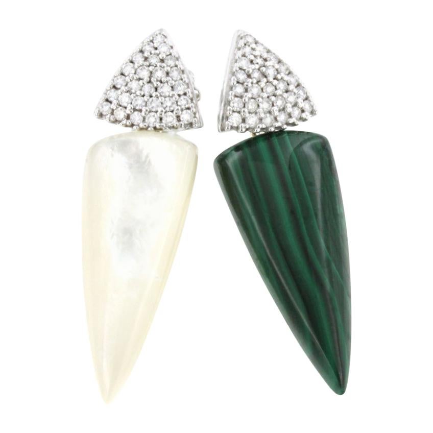 18 Kt Yellow White Gold with Mother of Pearl Malachite White Diamonds Earrings
