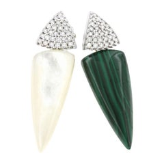 18 Kt Yellow White Gold with Mother of Pearl Malachite White Diamonds Earrings