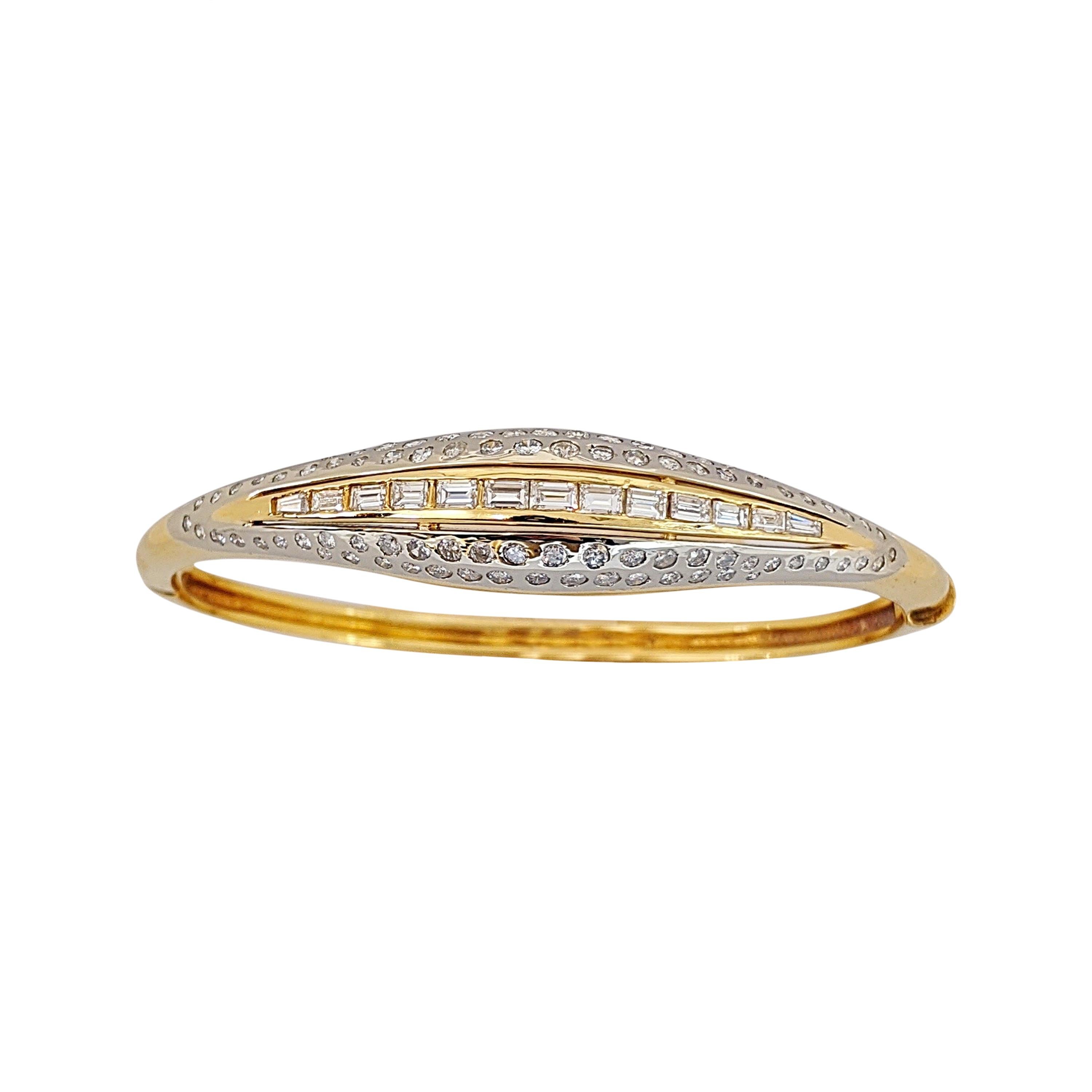 18 KT YG/WG Bangle Bracelet with 3.40 Carat Round and Baguette Diamonds For Sale