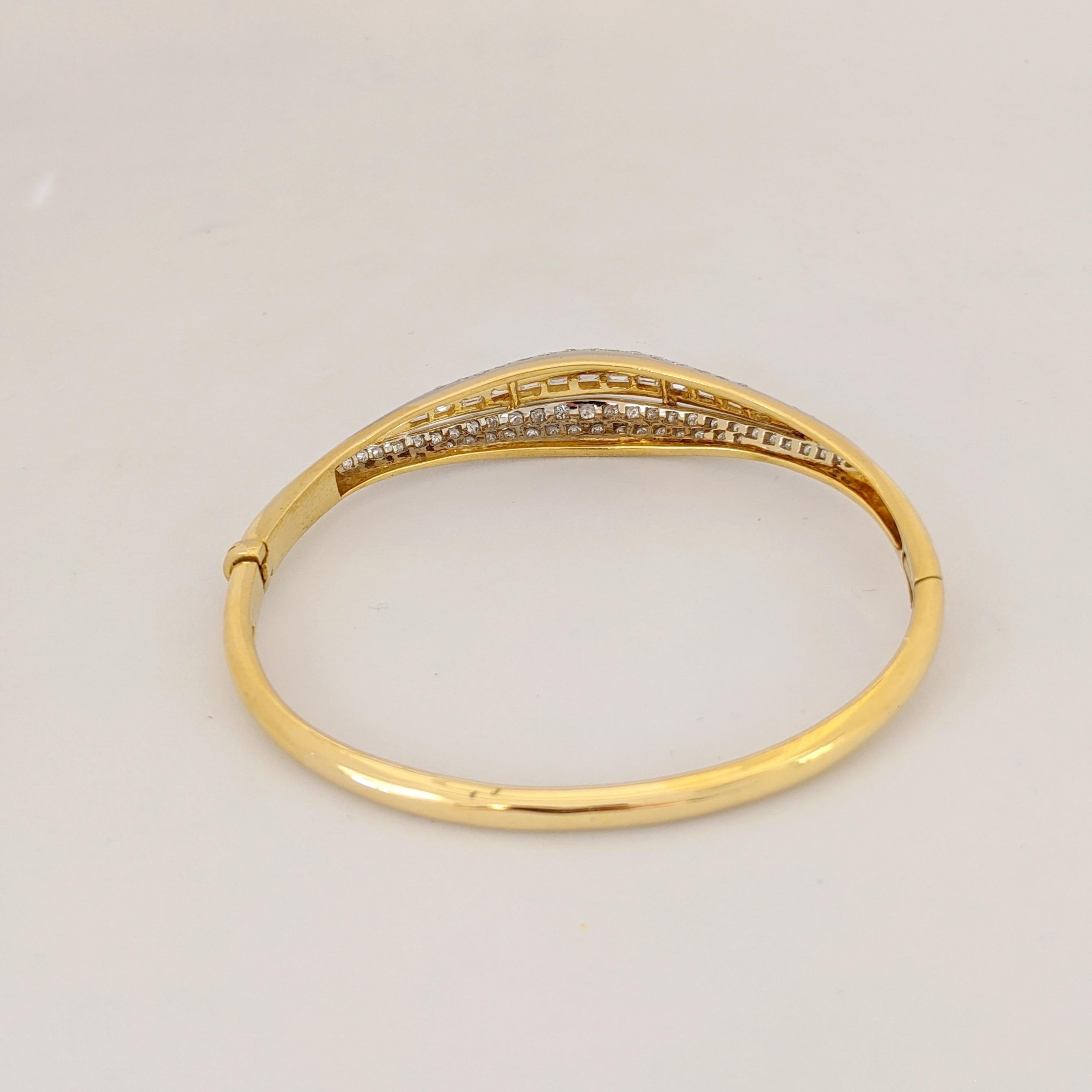 Round Cut 18 KT YG/WG Bangle Bracelet with 3.40 Carat Round and Baguette Diamonds For Sale