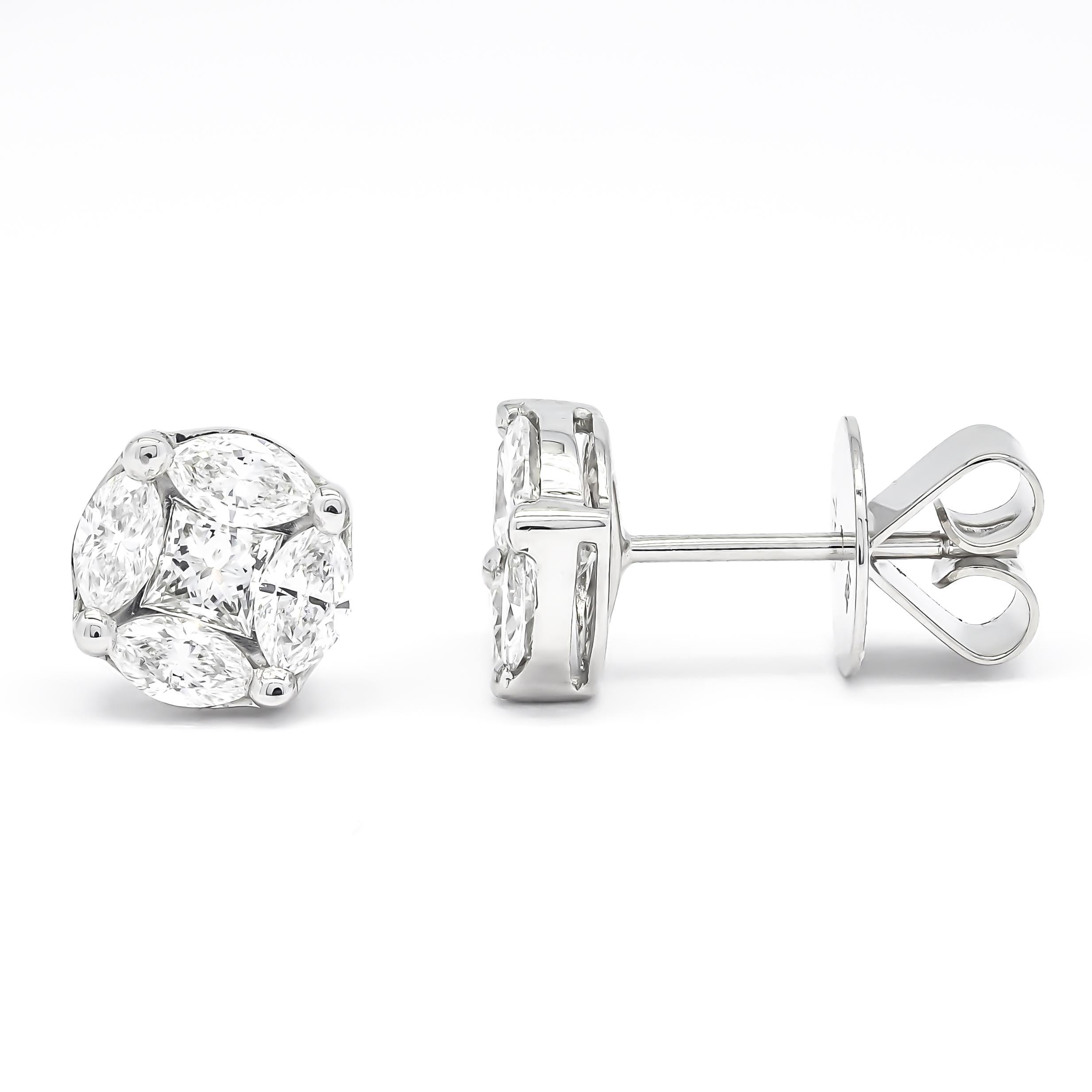 Prepare to be dazzled by the sheer radiance of these elegant diamond stud earrings. Featuring a stunning design, they showcase glittery marquise diamond accents that beautifully wrap around a mesmerizing princess-cut center stone.

The princess-cut