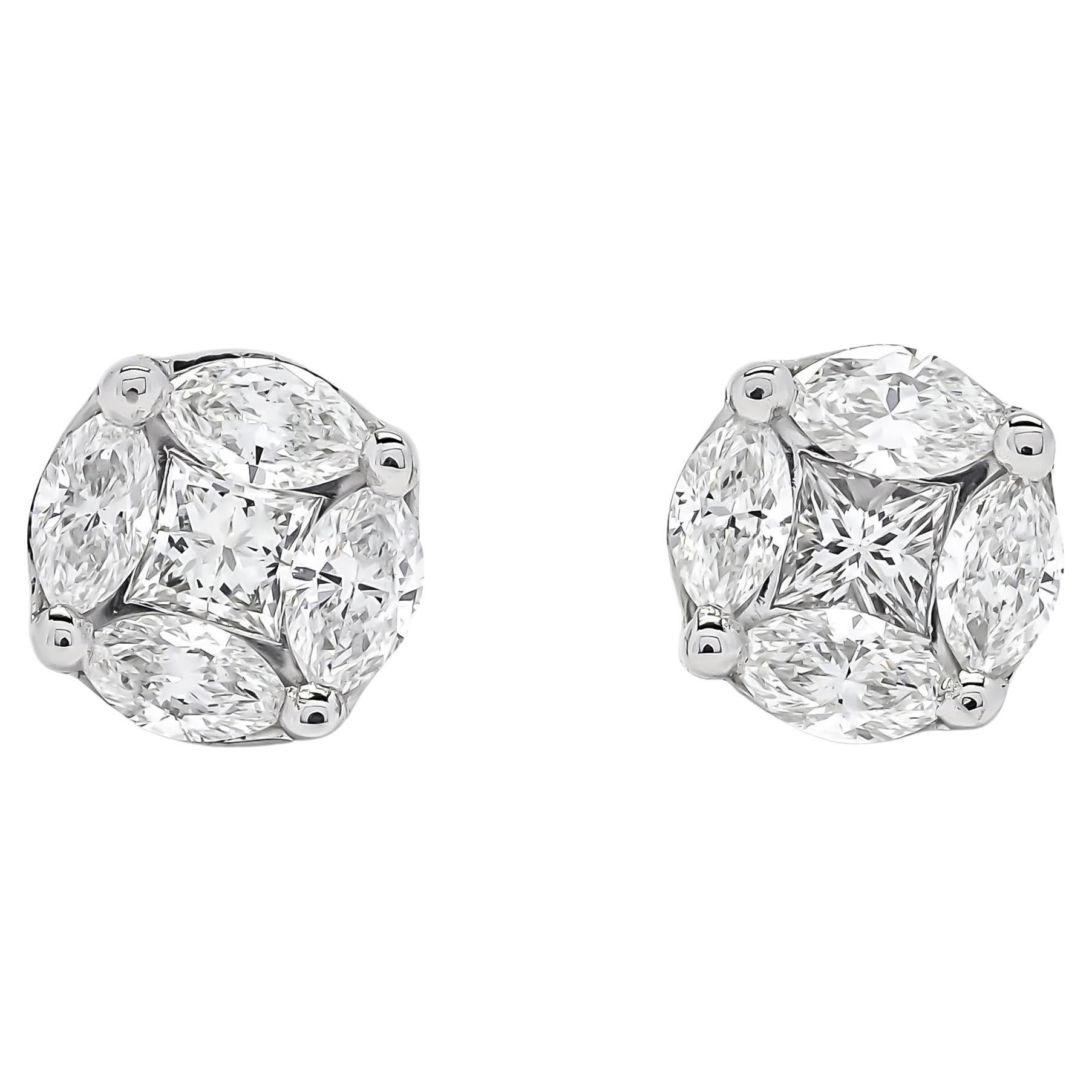 Clous d'oreilles classiques en or 18 carats avec diamants taille princesse marquise et illusion pour femme