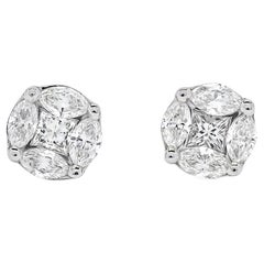 Clous d'oreilles classiques en or 18 carats avec diamants taille princesse marquise et illusion pour femme