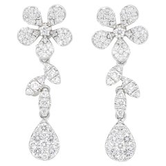 Boucles d'oreilles pendantes poire fleur en or blanc 18 carats diamant naturel 0.94 carats