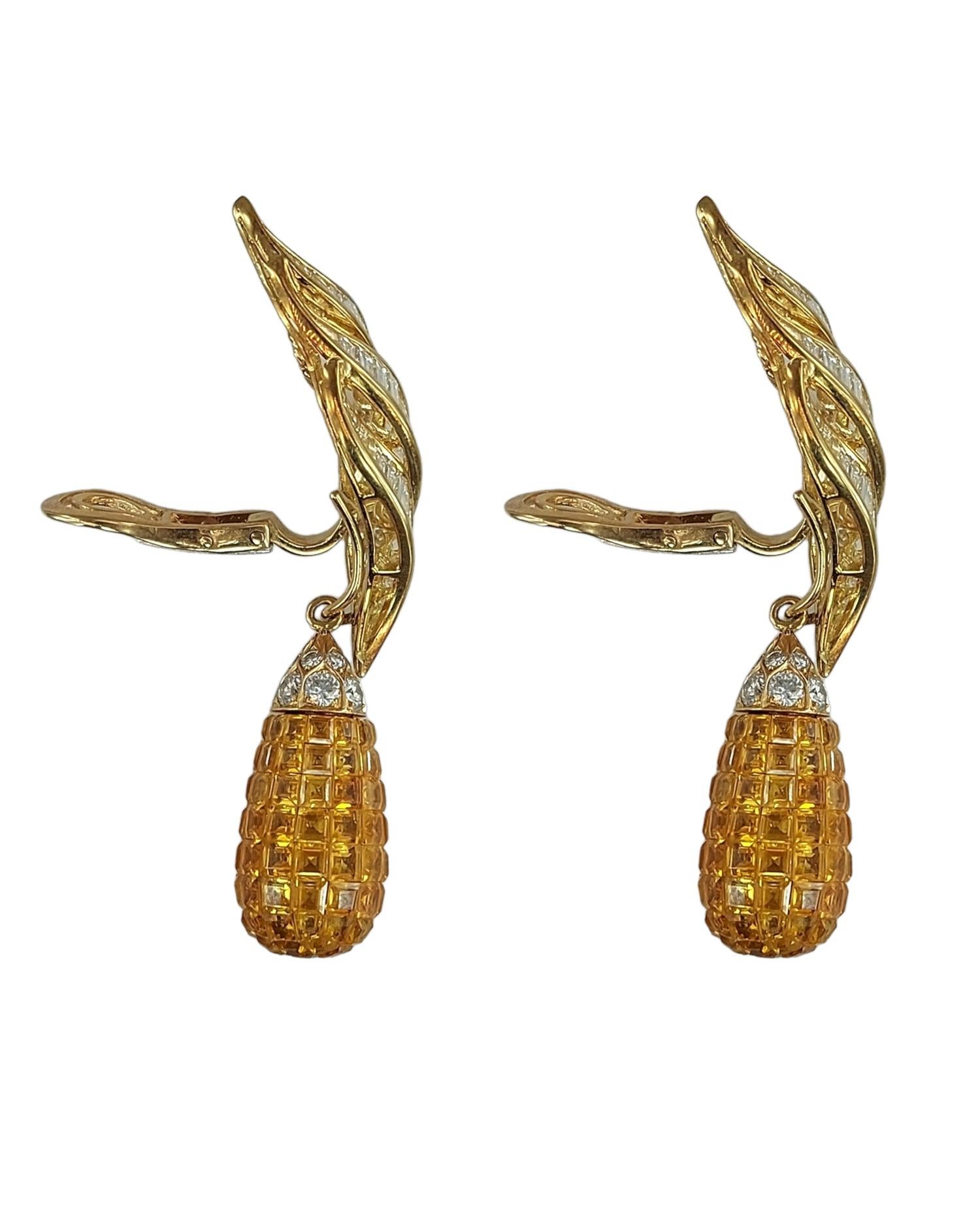 18ktYellow Gold Earrings, Diamonds&Yellow Sapphire Invisible Estate Sultan Oman For Sale 1