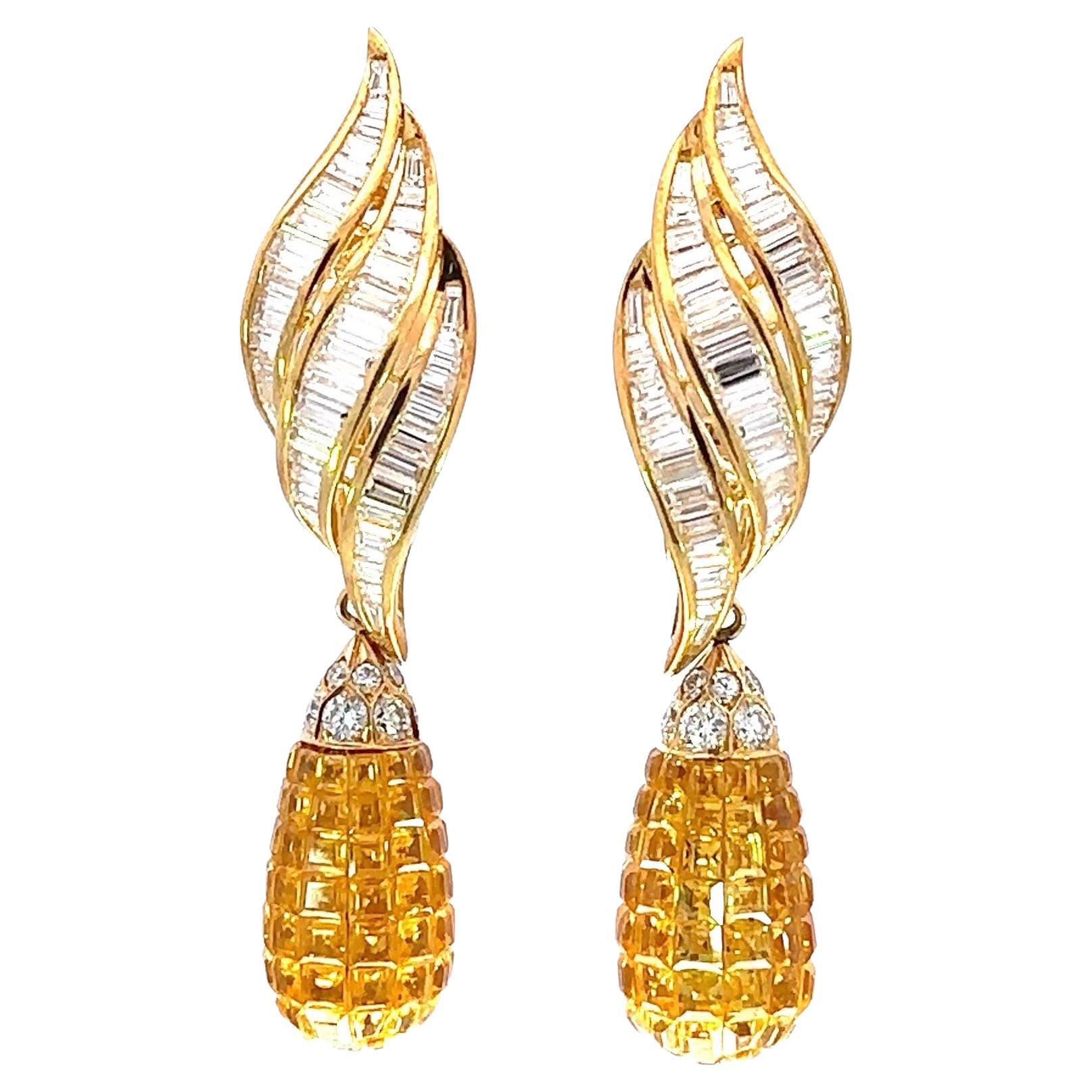 Artisan 18ktYellow Gold Earrings, Diamonds&Yellow Sapphire Invisible Estate Sultan Oman For Sale