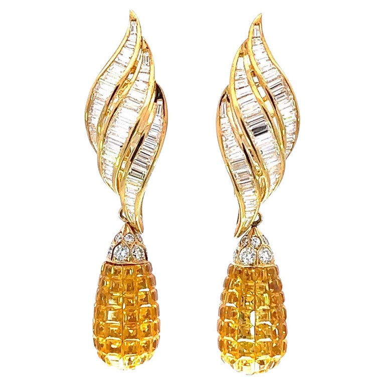 18ktYellow Gold Earrings, Diamonds&Yellow Sapphire Invisible Estate