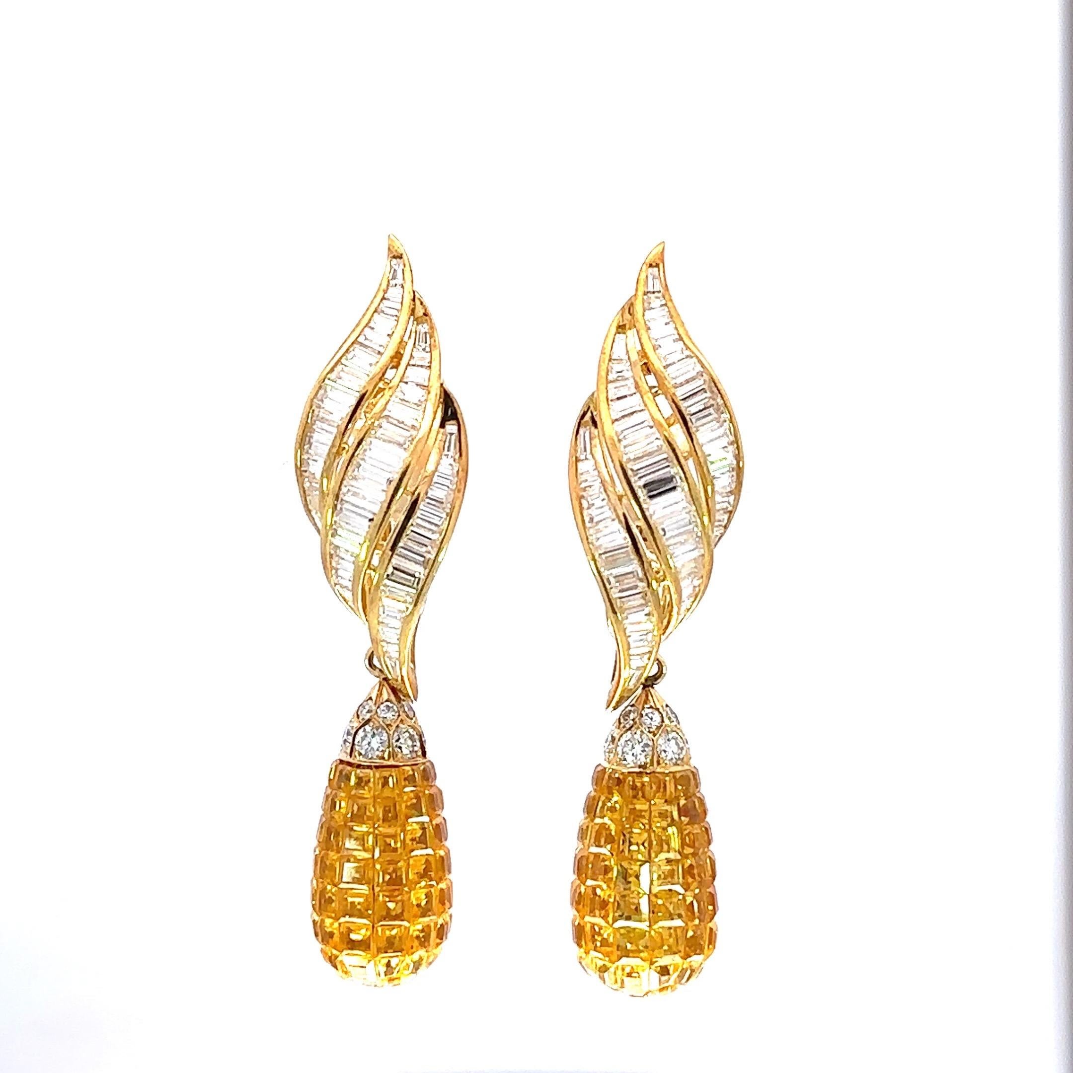 Princess Cut 18ktYellow Gold Earrings, Diamonds&Yellow Sapphire Invisible Estate Sultan Oman For Sale
