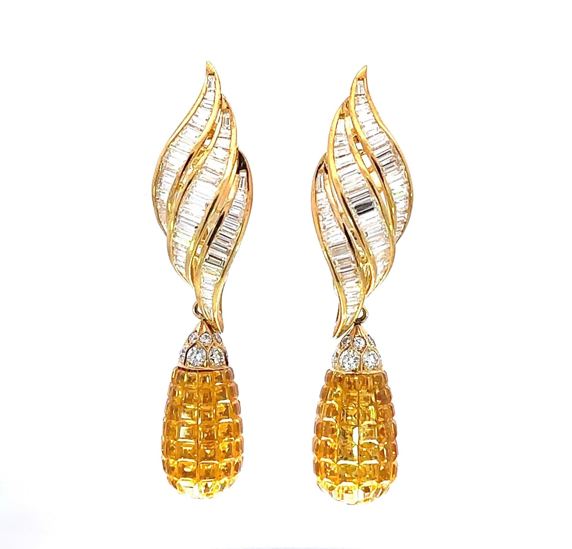 18ktYellow Gold Earrings, Diamonds&Yellow Sapphire Invisible Estate Sultan Oman In Excellent Condition For Sale In Antwerp, BE