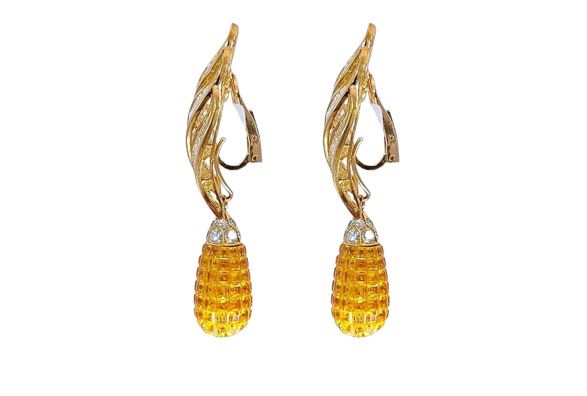 Women's or Men's 18ktYellow Gold Earrings, Diamonds&Yellow Sapphire Invisible Estate Sultan Oman For Sale