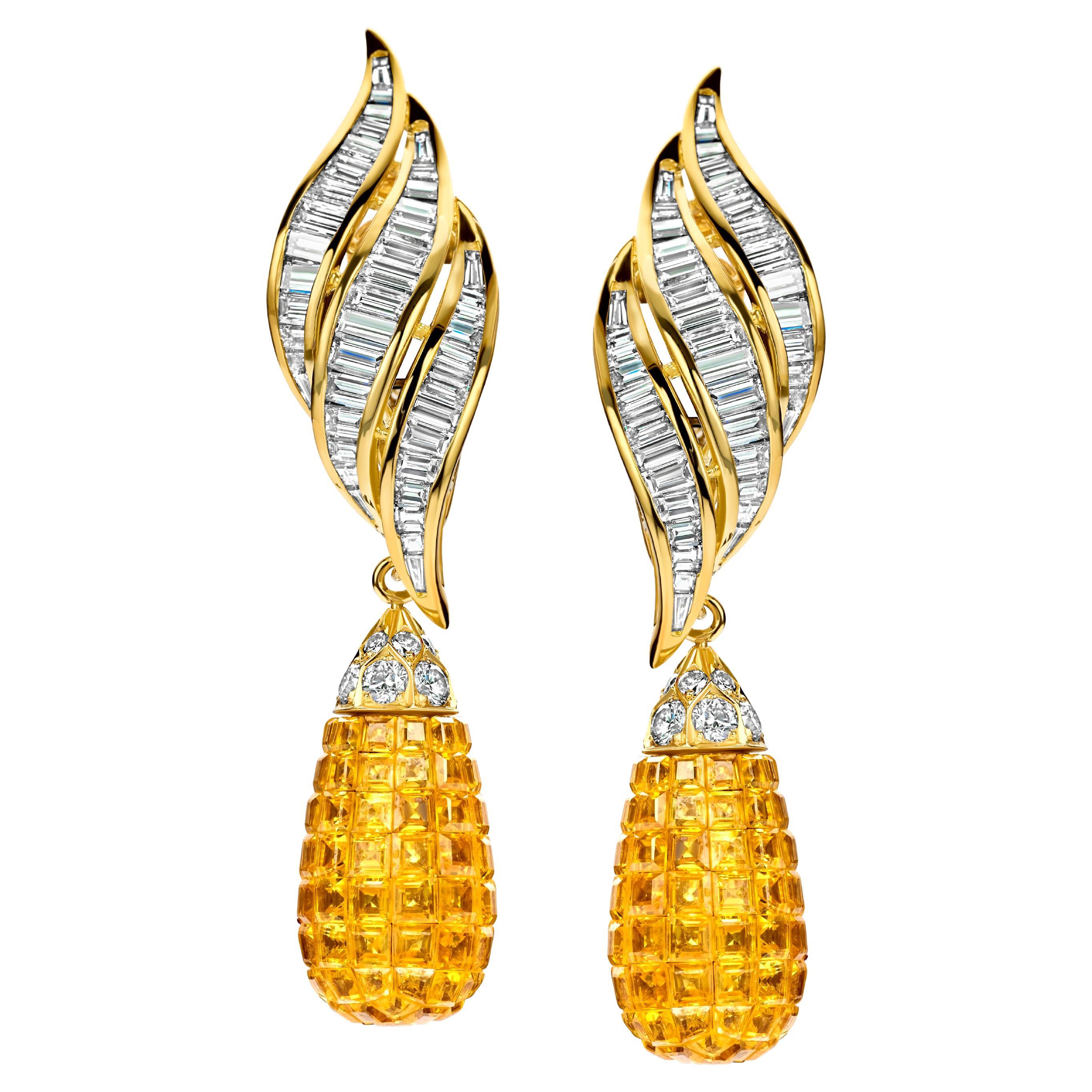 18ktYellow Gold Earrings, Diamonds&Yellow Sapphire Invisible Estate Sultan Oman For Sale
