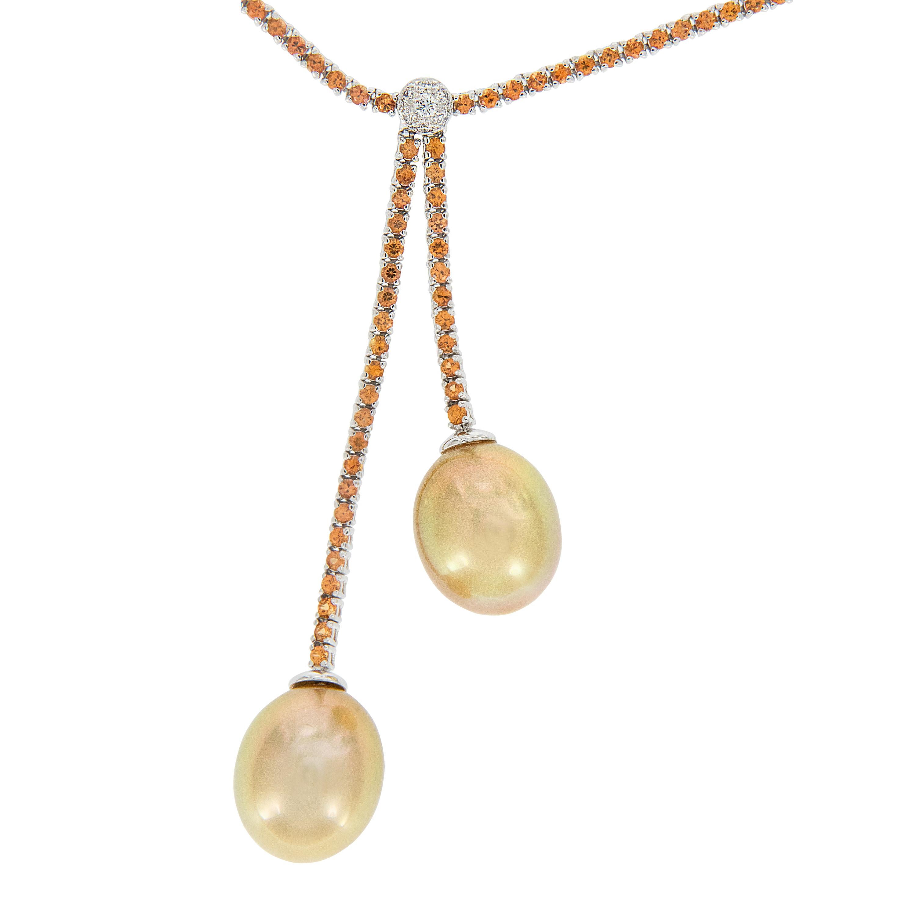 Contemporary 18 Karat Gold Orange Sapphire Golden South Sea Pearl Diamond Eternity Necklace