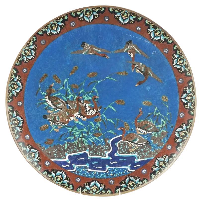 18" Large Meiji Japanese Cloisonne Enamel Charger Flying Geese For Sale