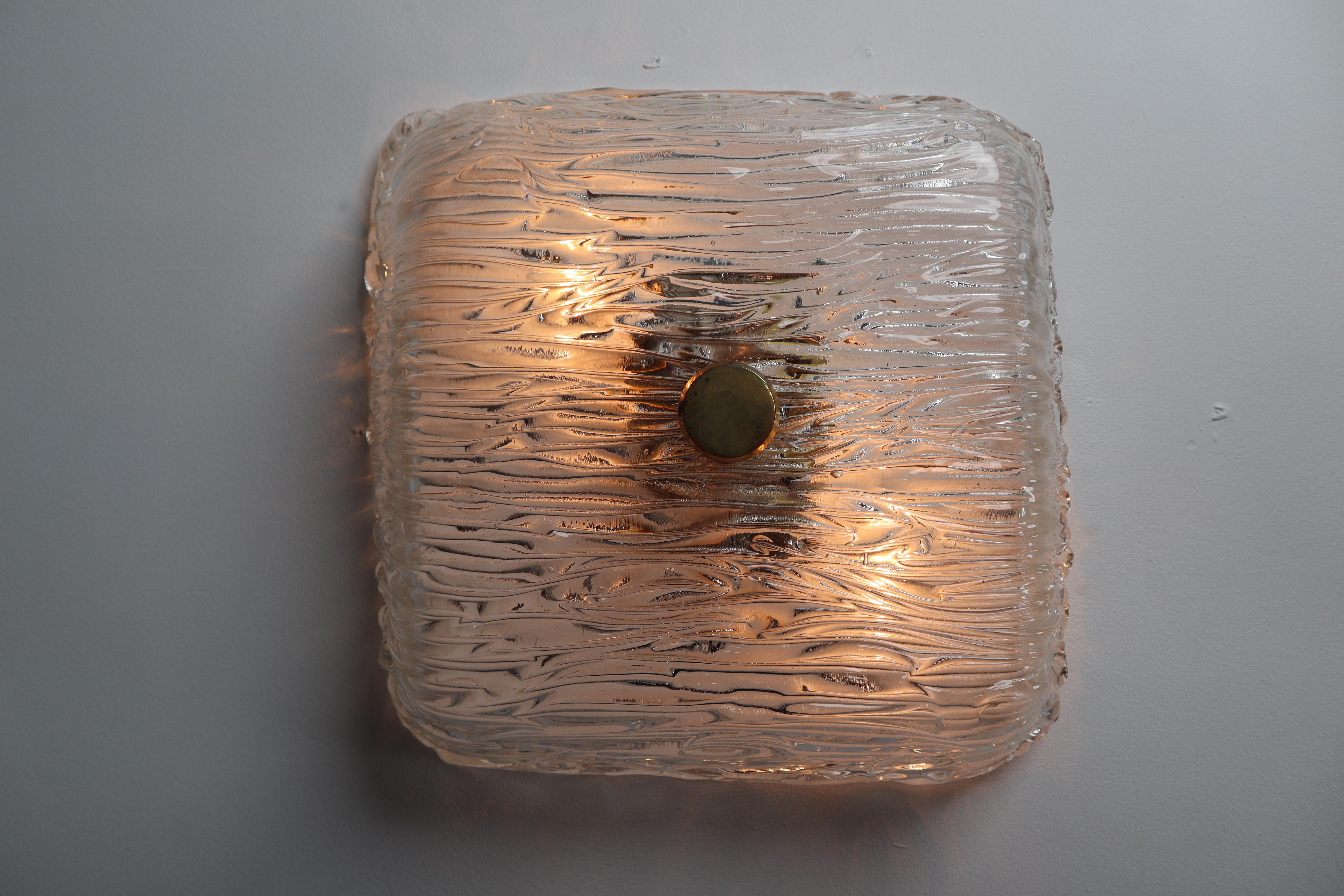 20th Century 18 Large Modernist Textured Ice Glass Flush Mounts or Wall Lights with Brass For Sale