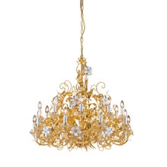 18-Light Gold Leaf Metal and Crystal Chandelier