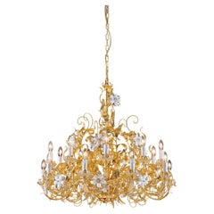 18-Light Gold Leaf Metal and Crystal Chandelier