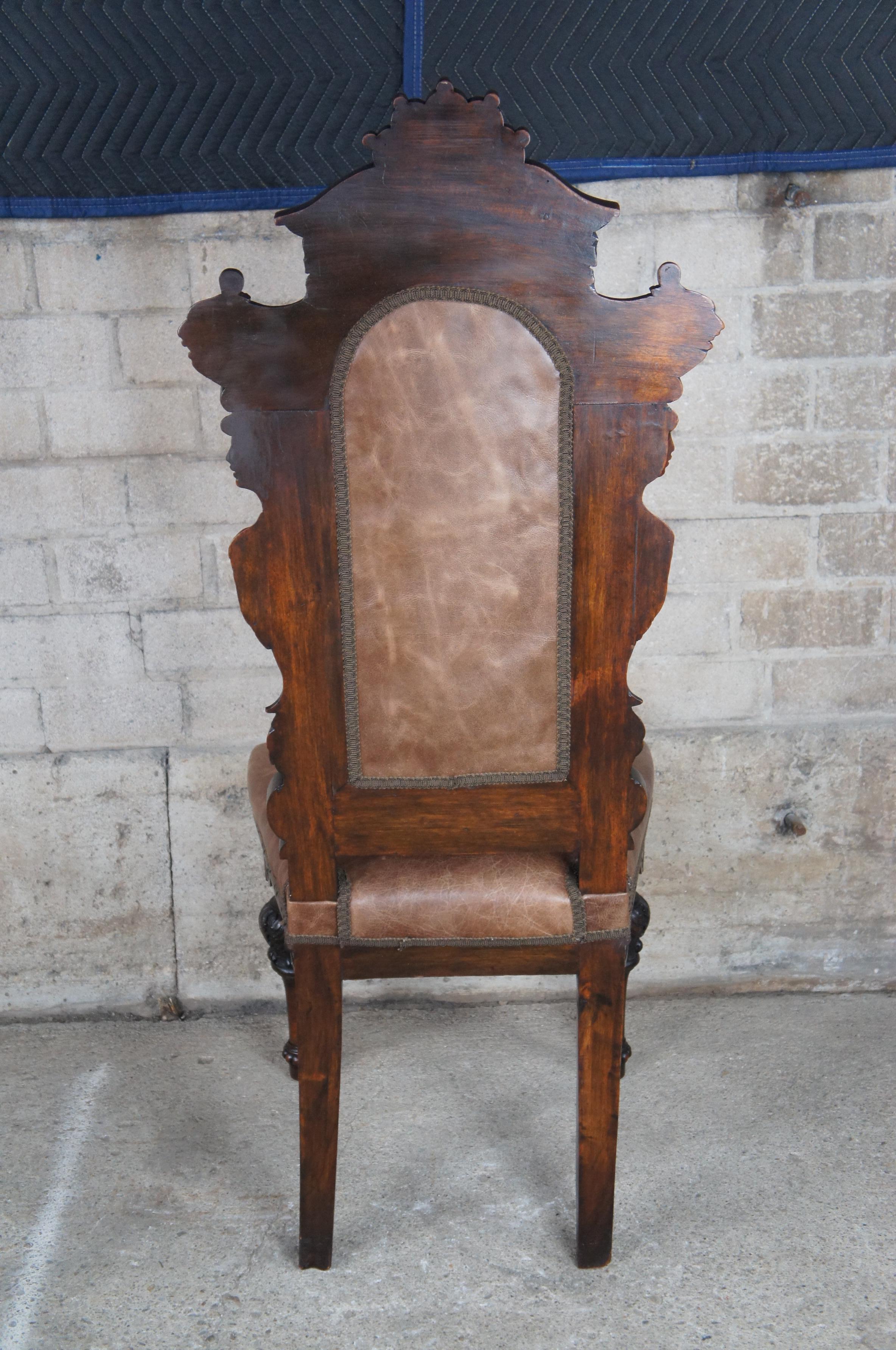 18 Monumental Antique Italian Renaissance Figural Mahogany Leather Dining Chairs For Sale 8