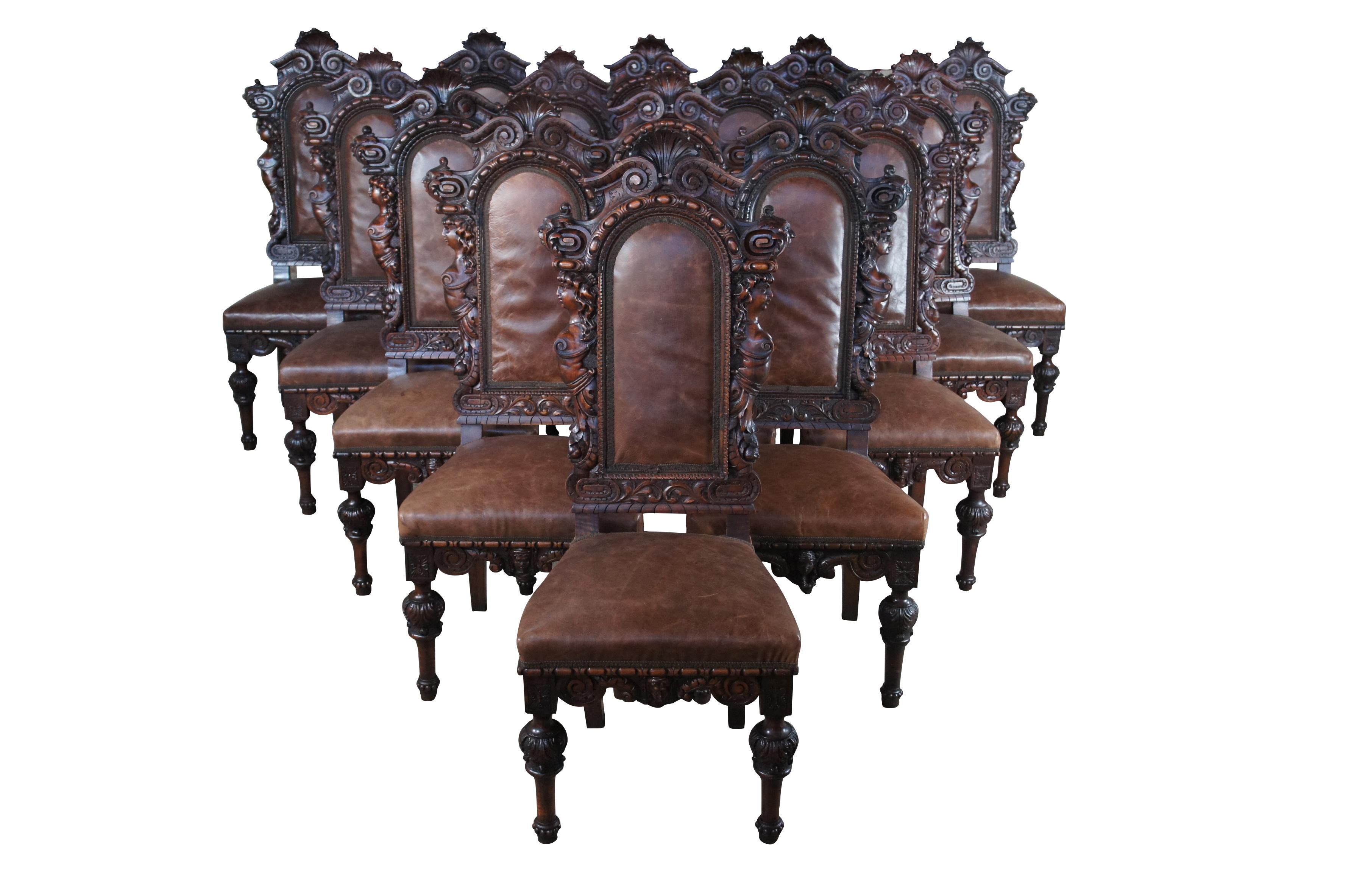 Exceedingly Rare Italian Renaissance Revival style high back mahogany dining chairs, circa 1850-1870s. Each chair is hand carved with an arched and scrolled high back centered by a scalloped shell. The sides showcase figural high relief maidens